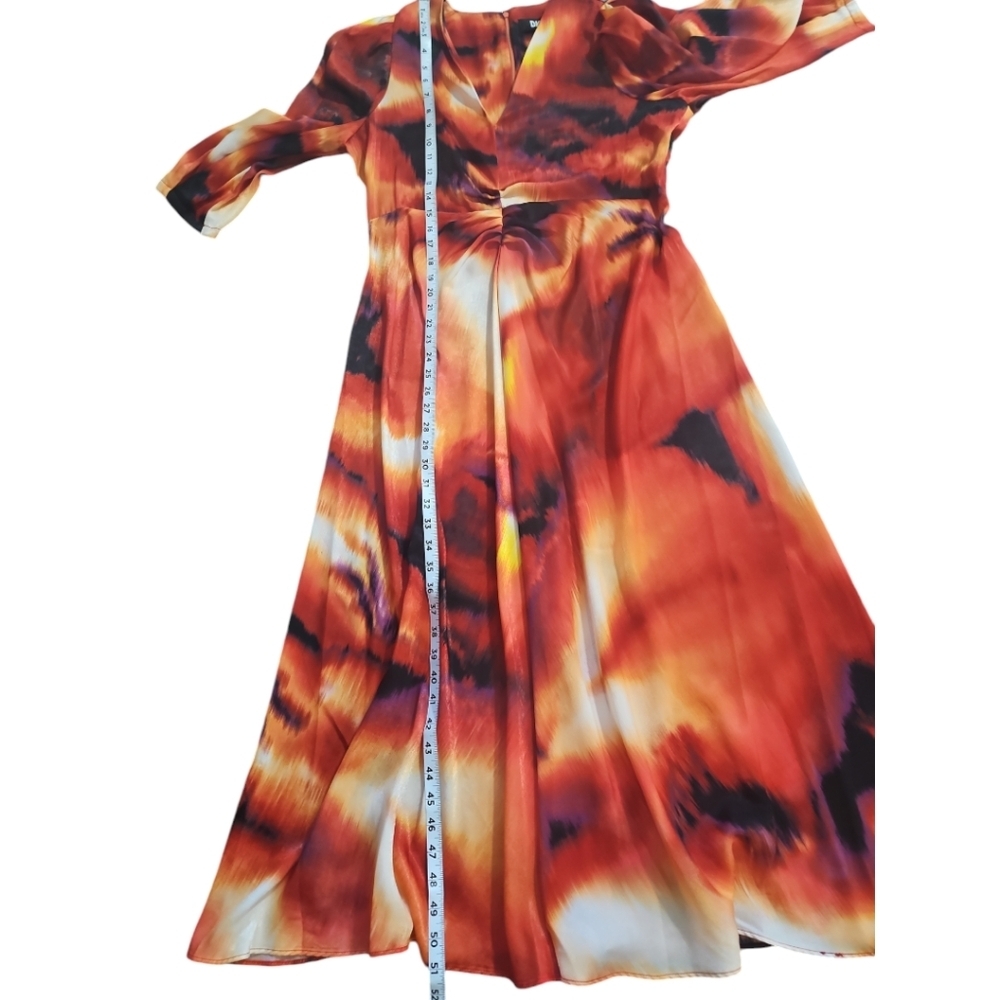 DKNY Printed Satin Midi Dress Red Orange Abstract Puff Sleeve L NWT - Picture 12 of 15